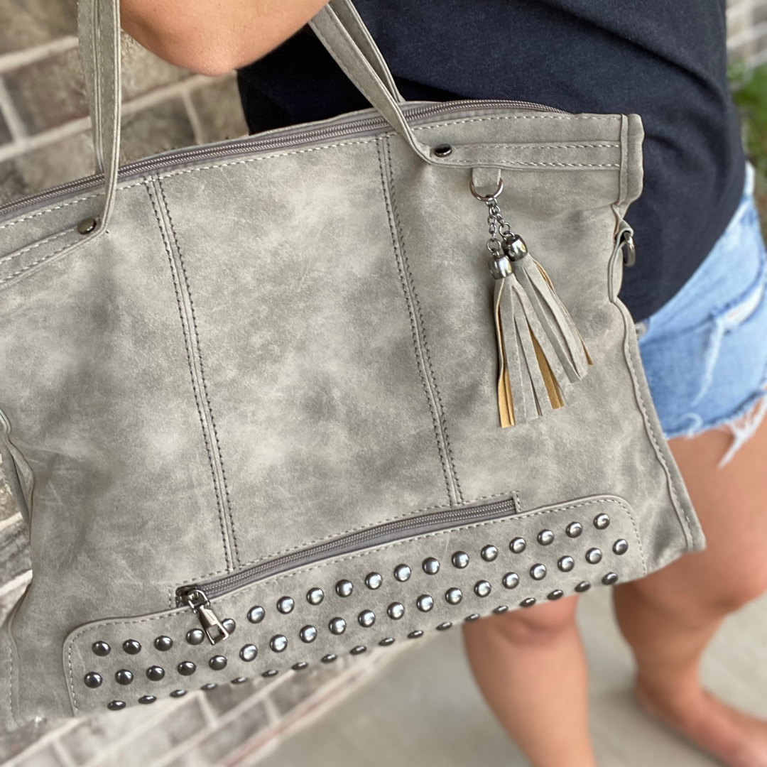 Grey Studded Faux Suede Purse