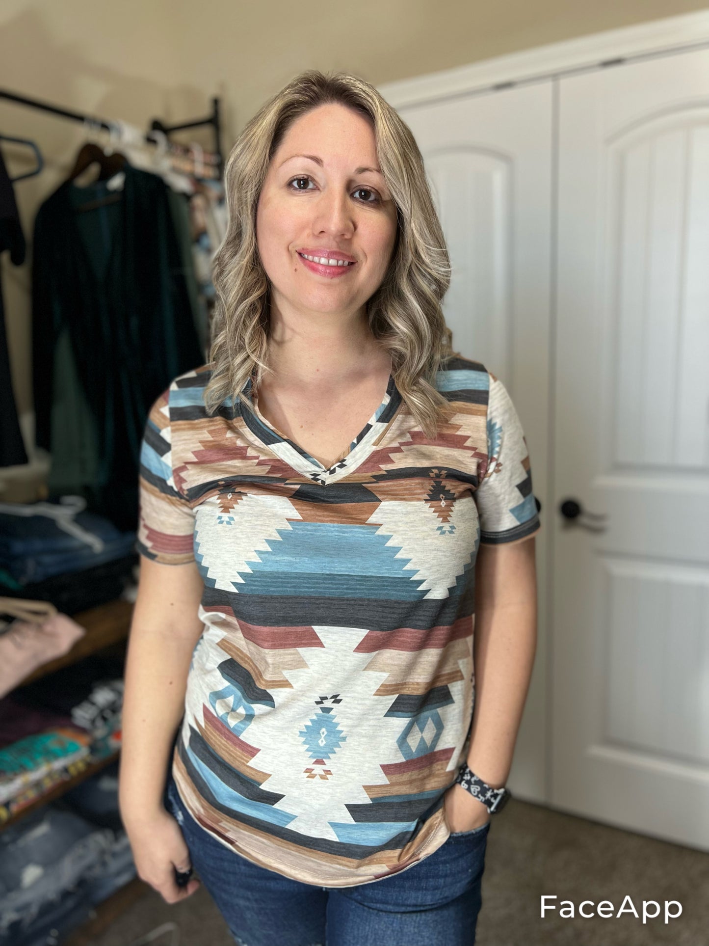 Aztec Print V Neck Short Sleeve Top