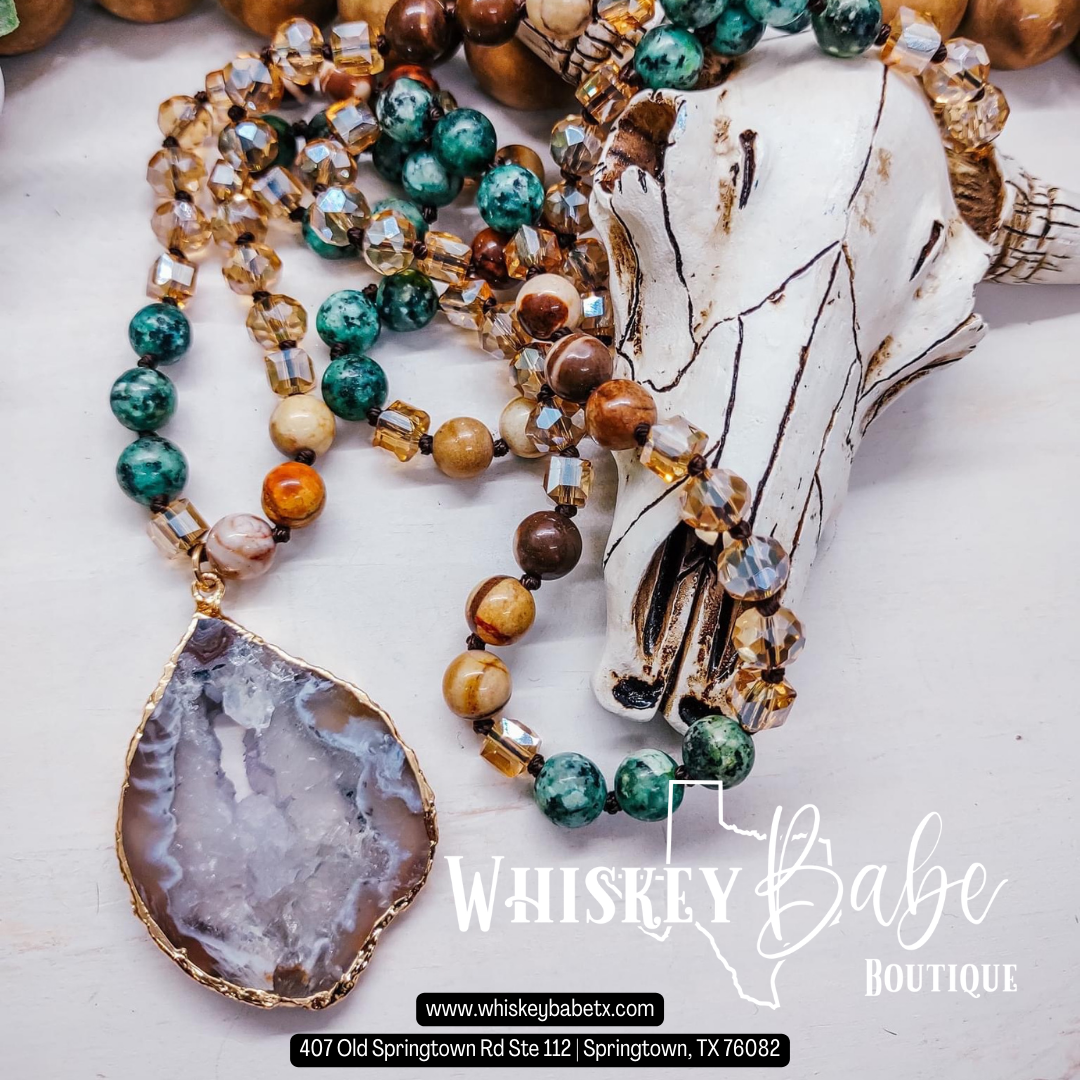 Emerald Champagne Stone & Glass Beaded Necklace