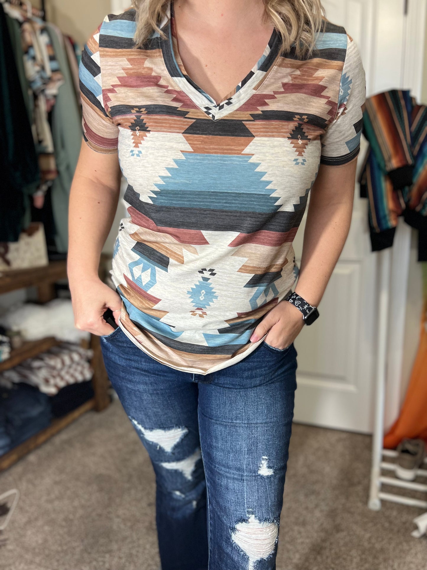 Aztec Print V Neck Short Sleeve Top
