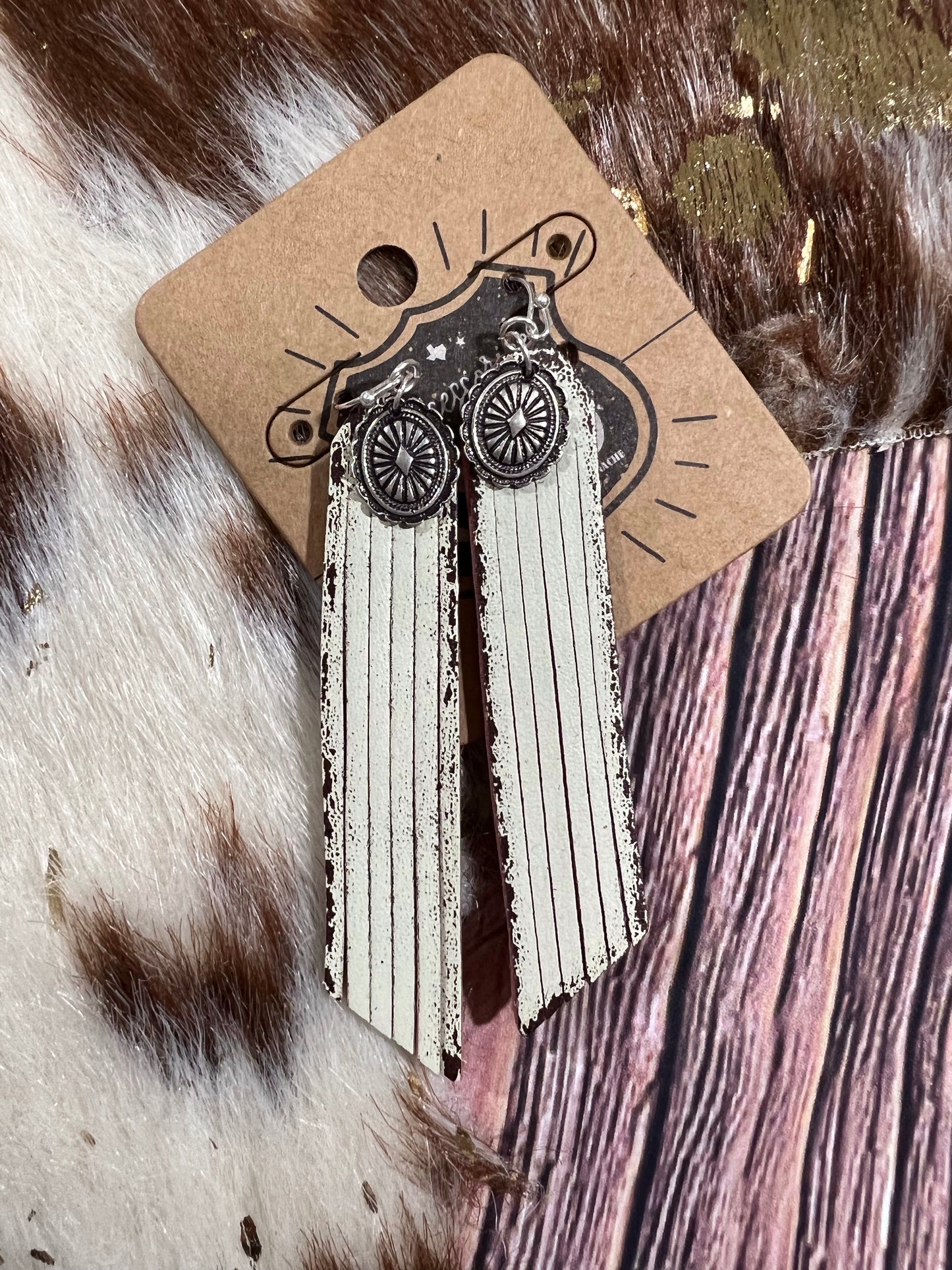 Concho White Leather Fringe Earrings
