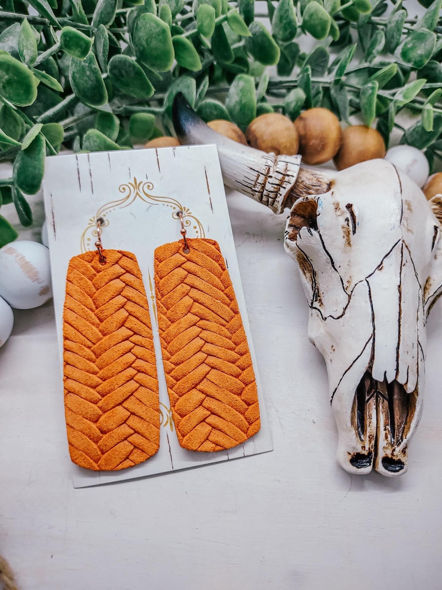 Orange Herringbone Leather Earrings