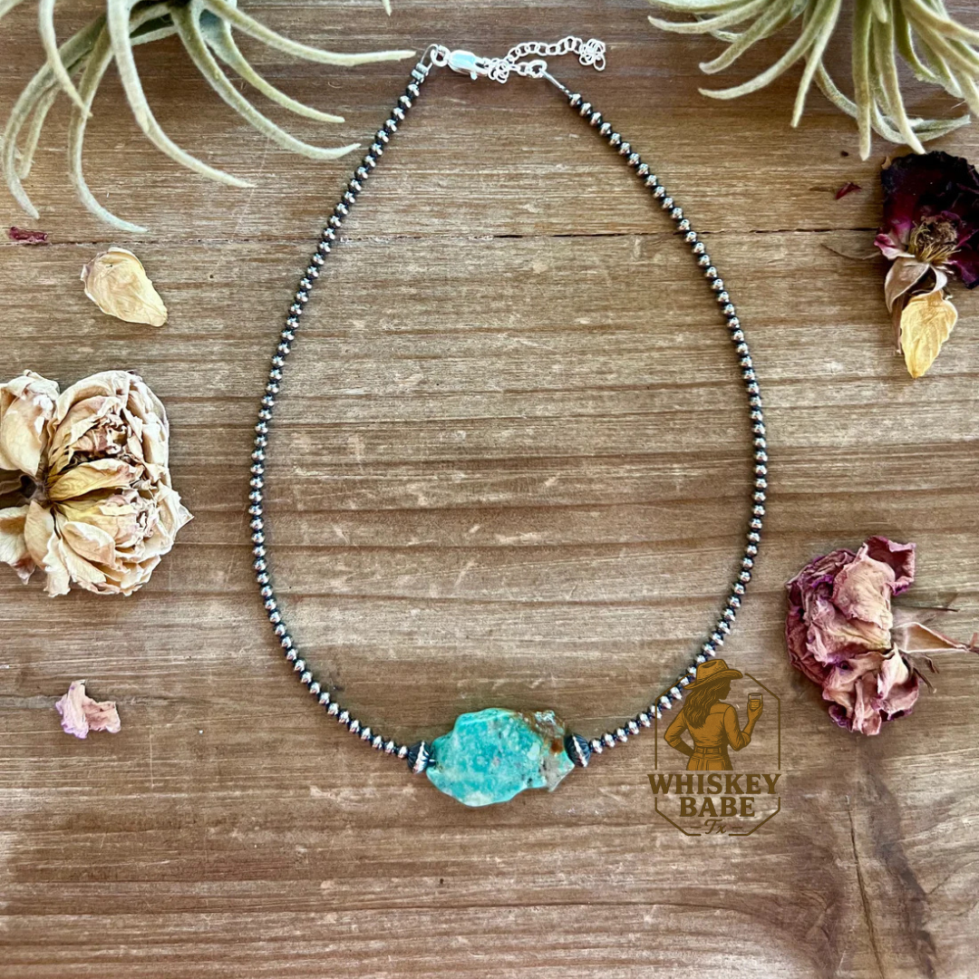 3mm sterling silver pearls and a natural turquoise slab necklace