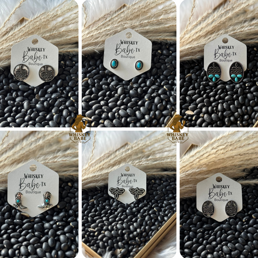 Collage of earrings with 'Whiskey Babe TX' branding on a textured background.