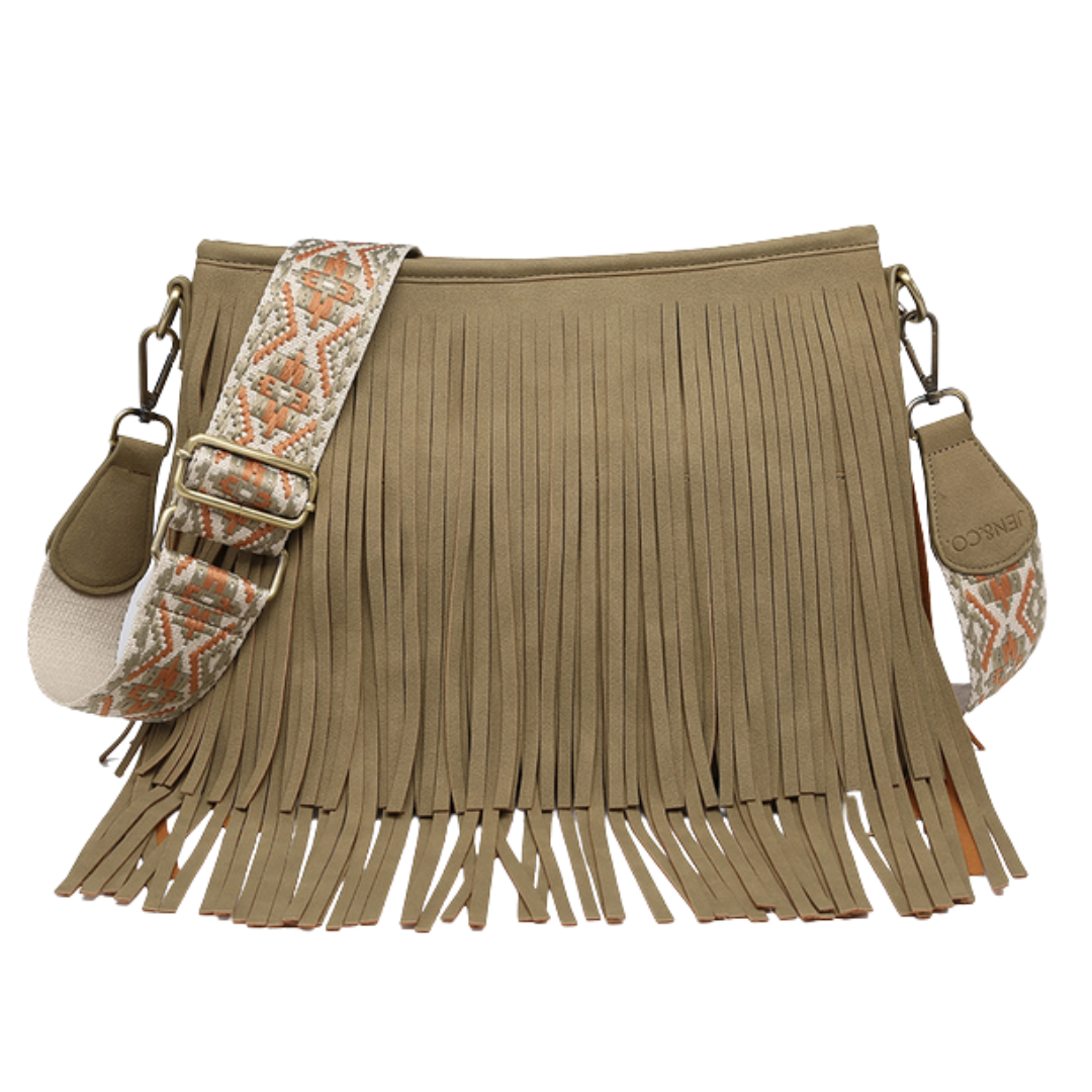 Beige fringe handbag with patterned strap on a white background