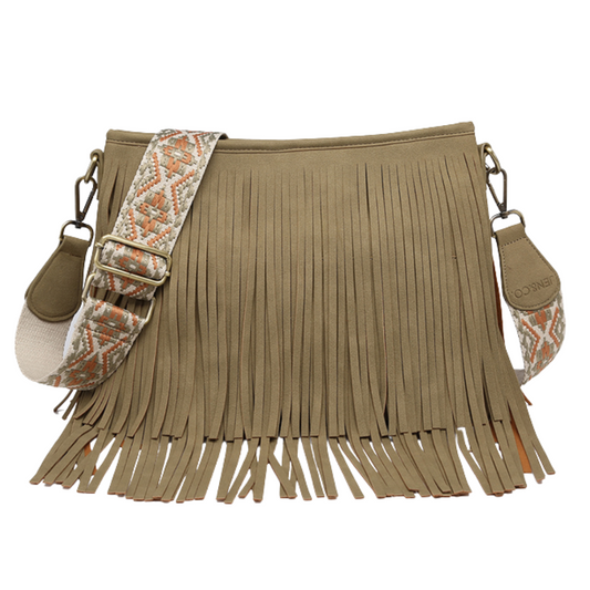Beige fringe handbag with patterned strap on a white background