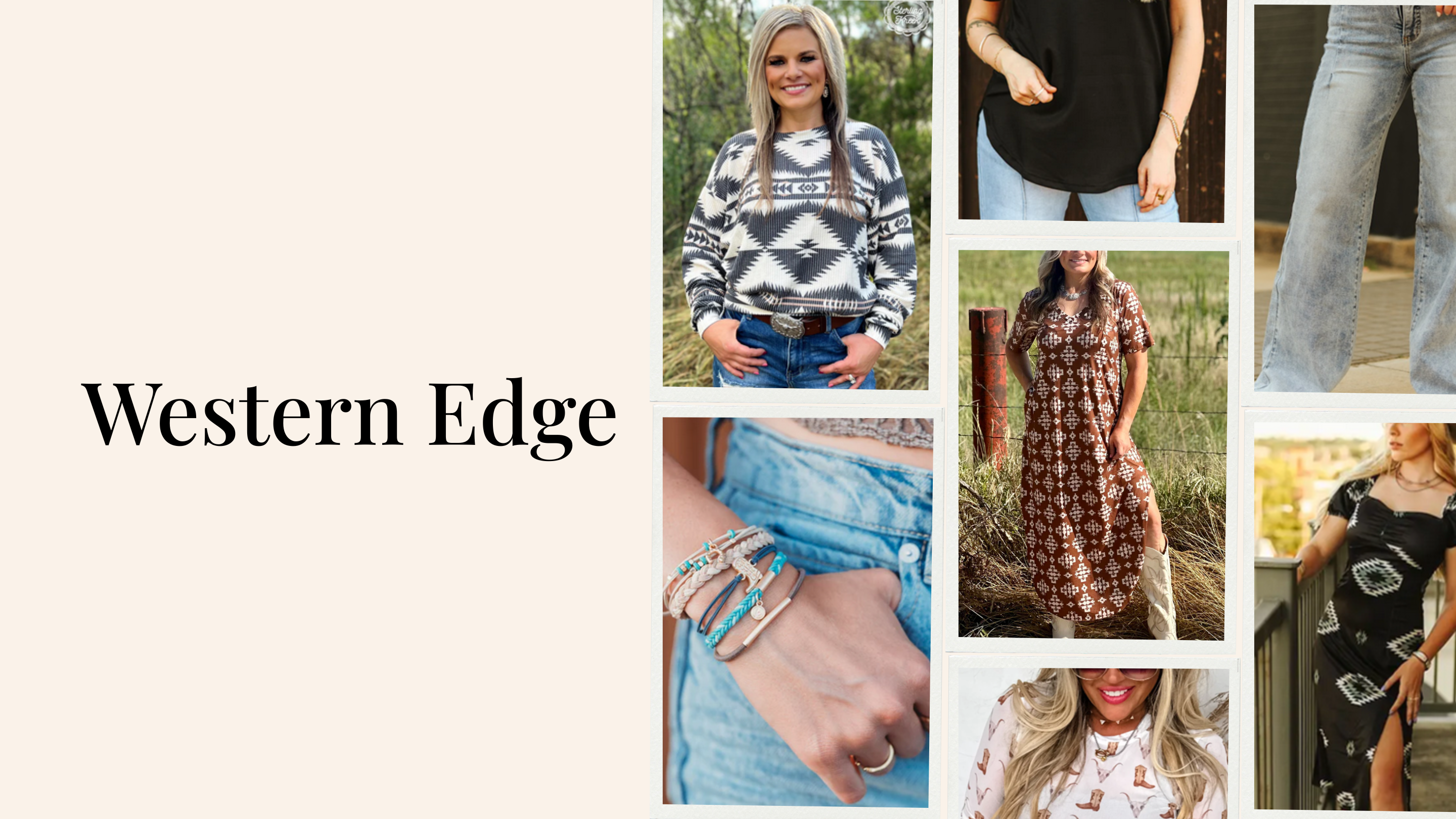 Western Edge women’s fashion collage with sweaters, denim, dresses, and turquoise jewelry. Shop Now button.