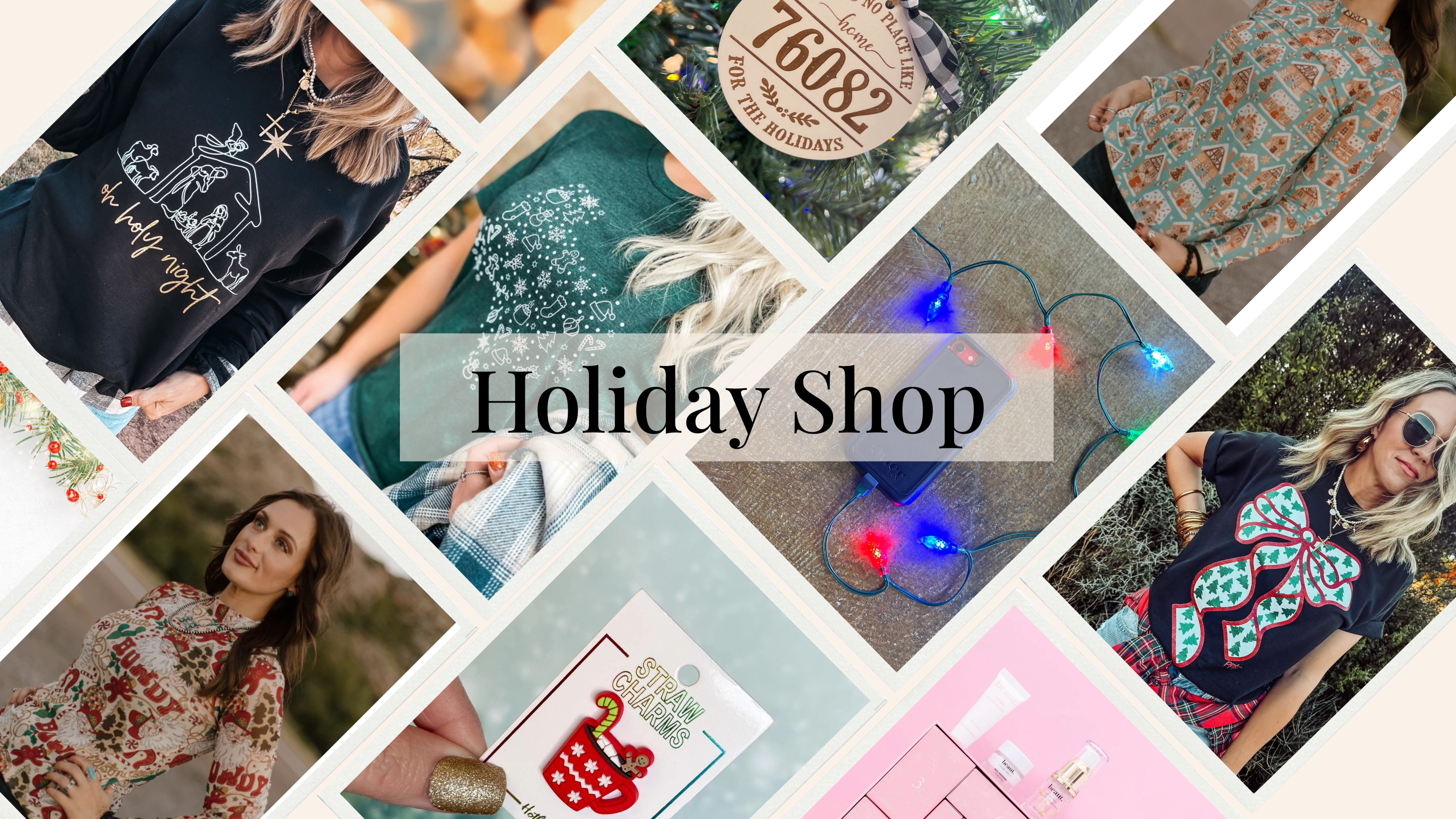 Collage of various products with 'Holiday Shop' text overlay