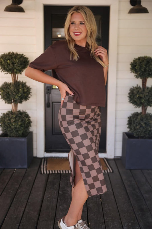 Whiskey Brown Check Midi Skirt