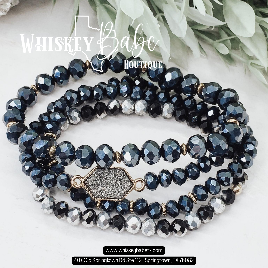 Hematite Druzy Beaded 4pc Bracelet Stack