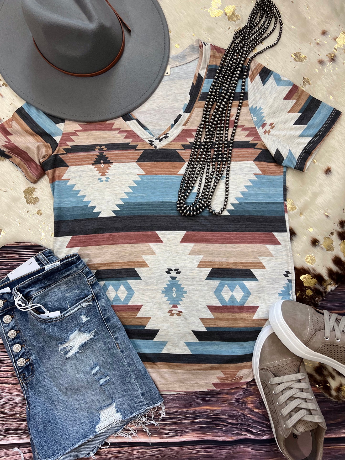 Aztec Print V Neck Short Sleeve Top