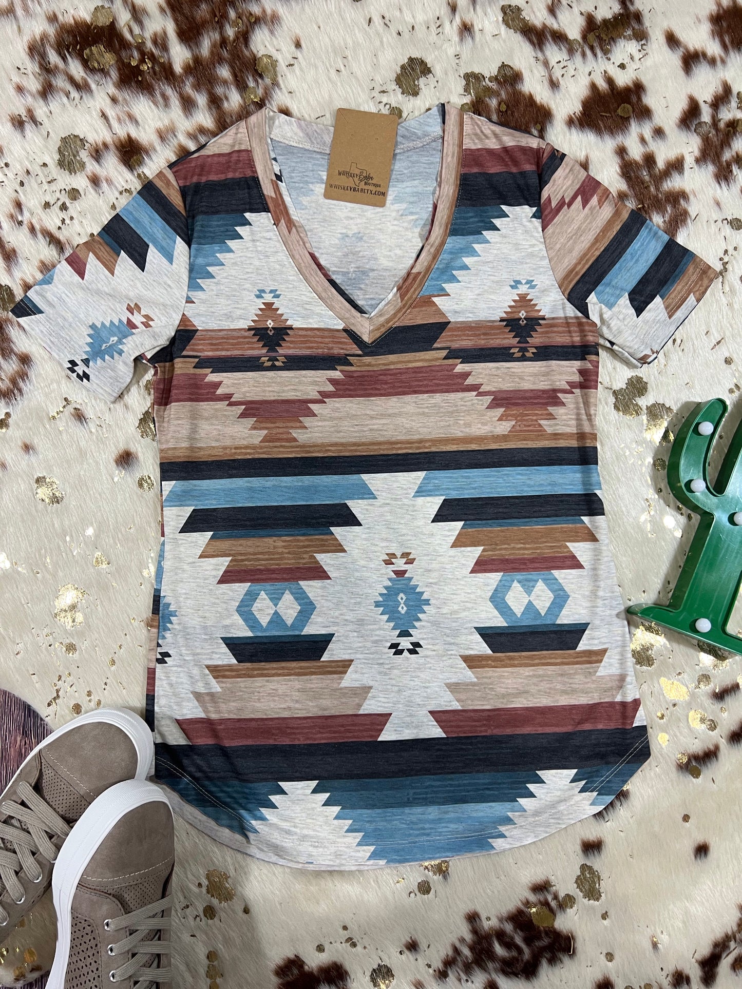 Aztec Print V Neck Short Sleeve Top