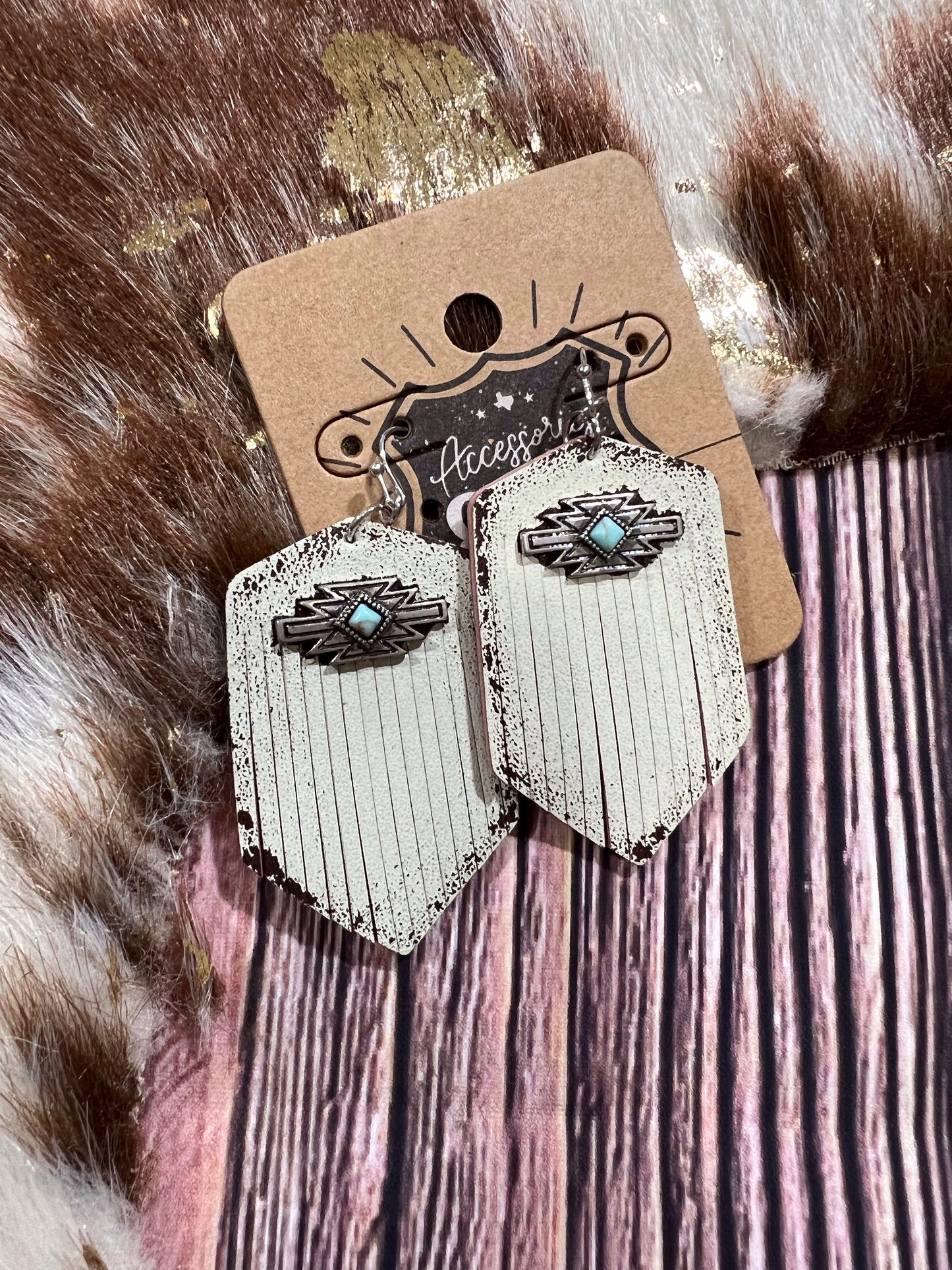 Aztec White Leather Fringe Earrings