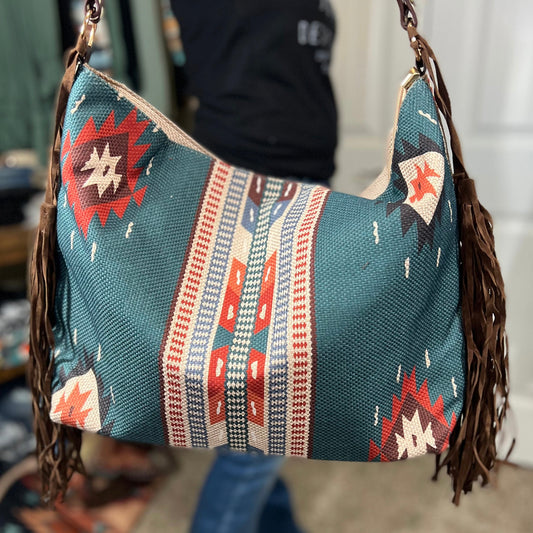 Aztec Fringe Tote Purse Teal