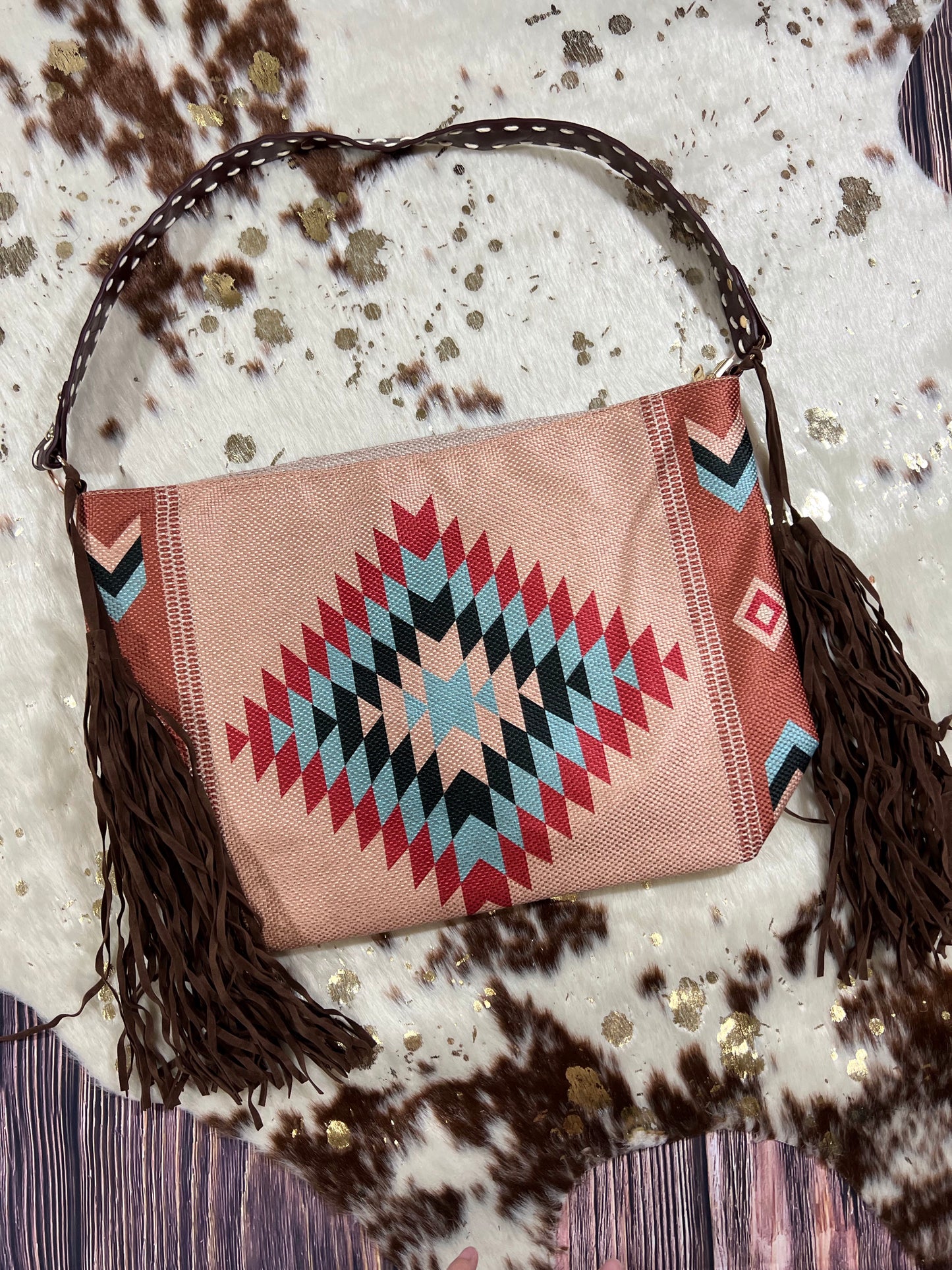 Aztec Fringe Tote Purse Tan