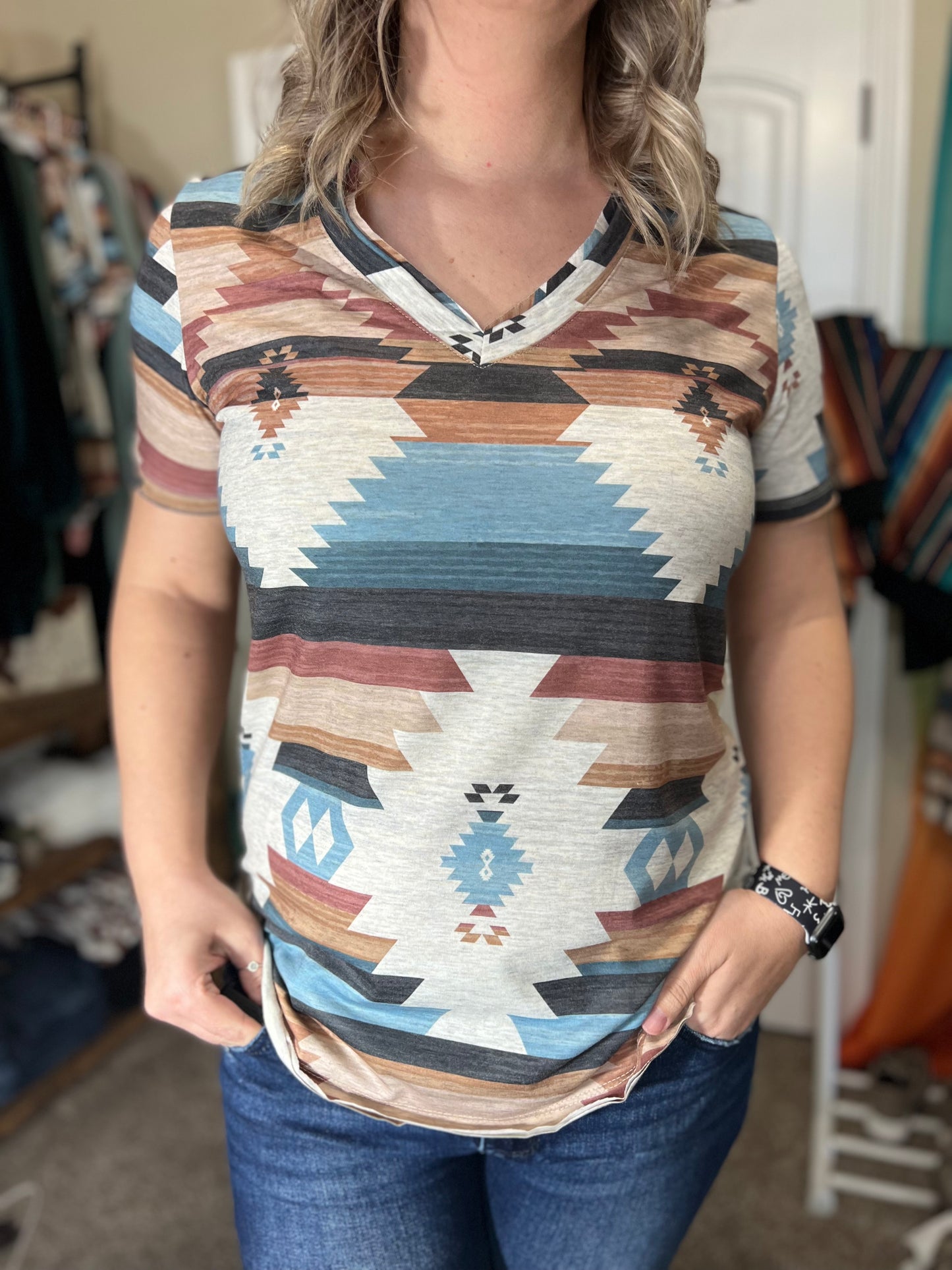 Aztec Print V Neck Short Sleeve Top