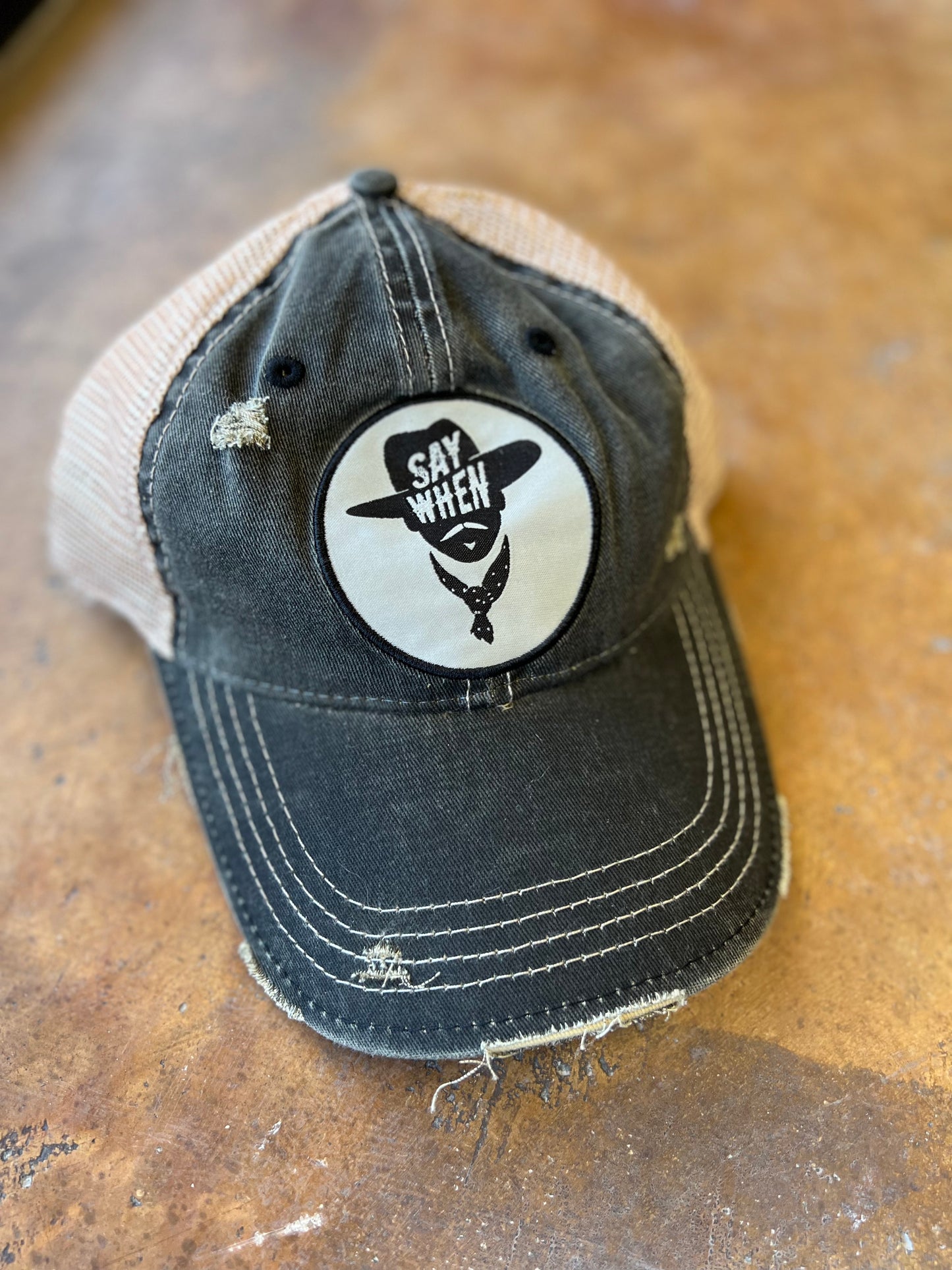 Distressed Say When Hat Black