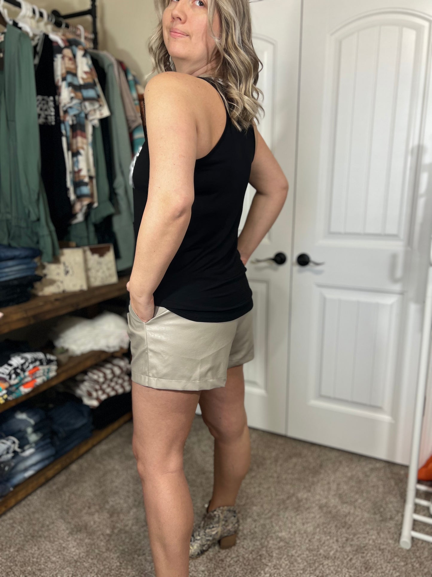Faux Leather Shorts Grey Taupe