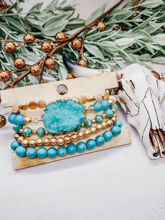 Turquoise Druzy 5pc Beaded Bracelet Stack