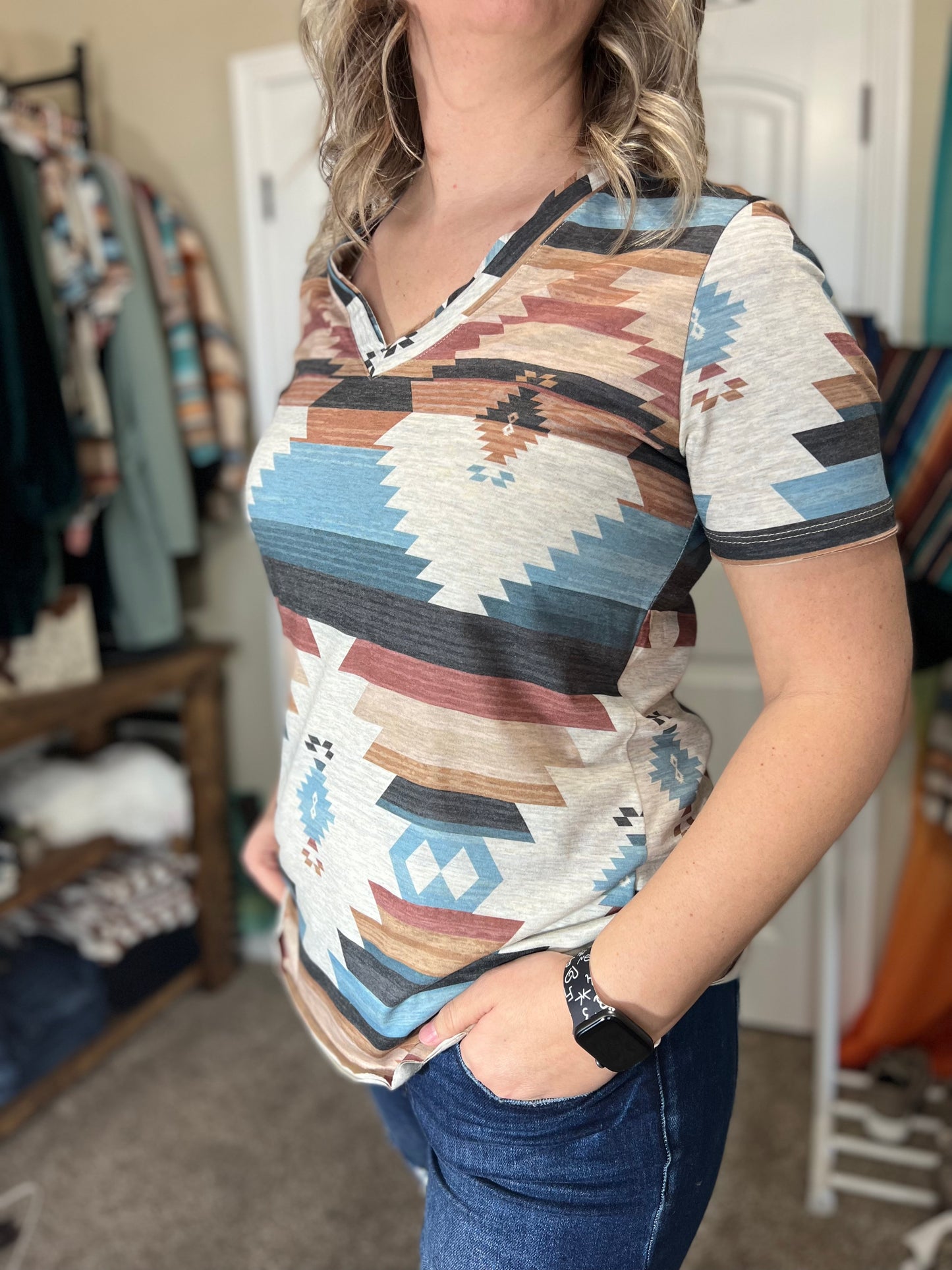 Aztec Print V Neck Short Sleeve Top