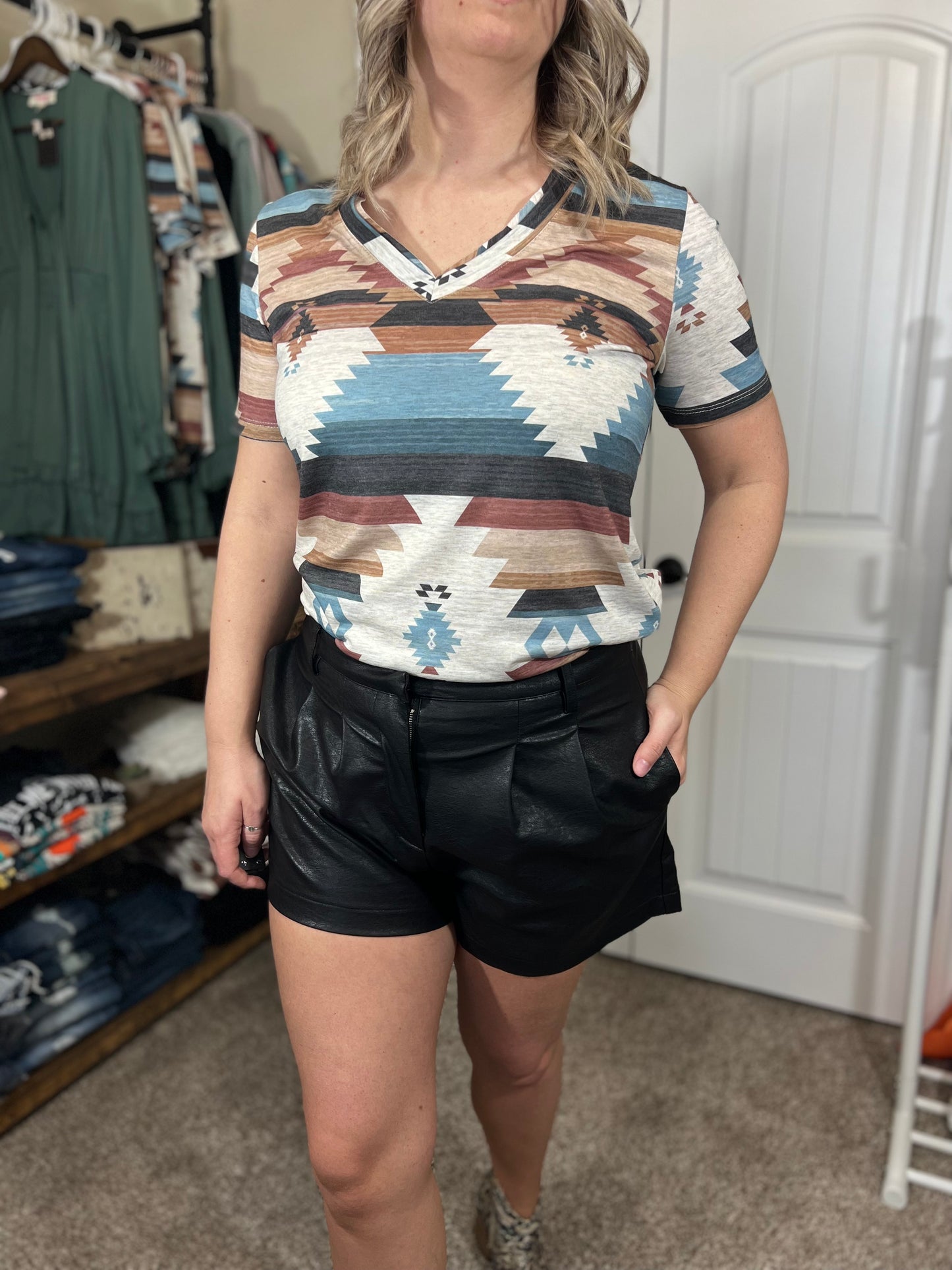 Aztec Print V Neck Short Sleeve Top
