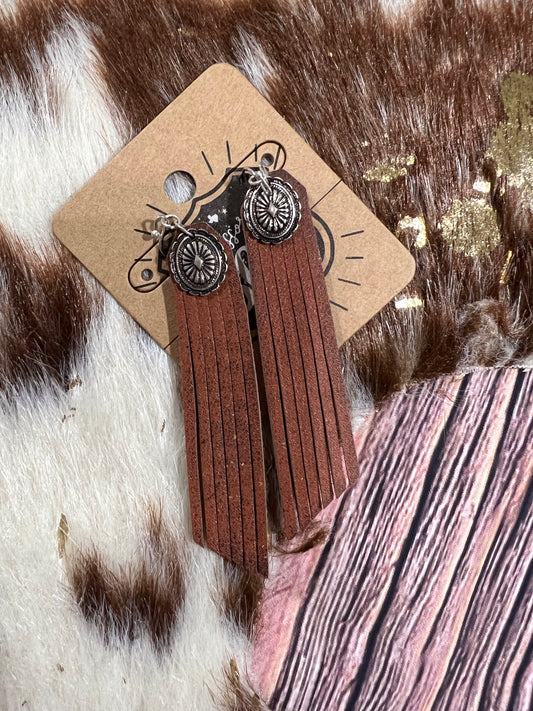 Concho Brown Leather Fringe Earrings