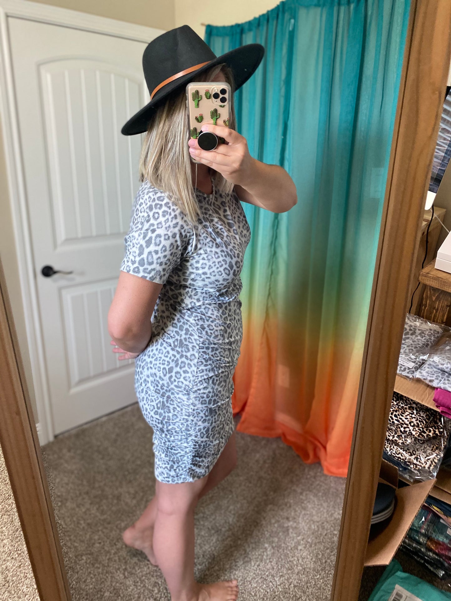 Grey Leopard Ruched Dress