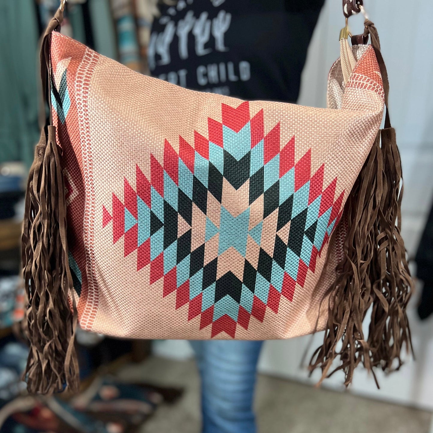 Aztec Fringe Tote Purse Tan