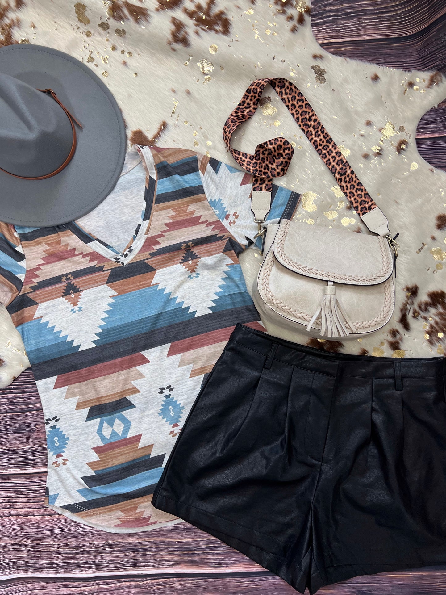 Aztec Print V Neck Short Sleeve Top