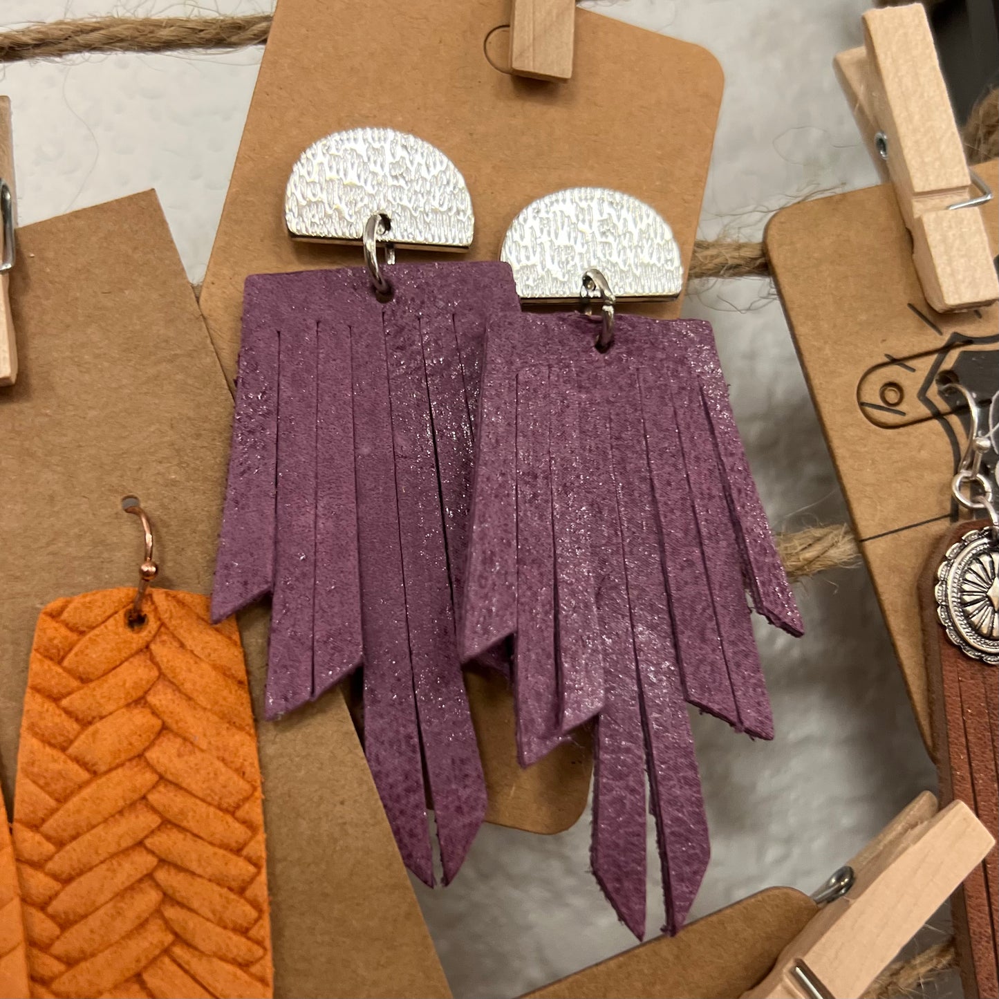 Purple Fringe Leather Earrings